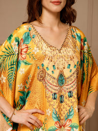 Yellow V-Neck Poly Silk Kaftan Dress