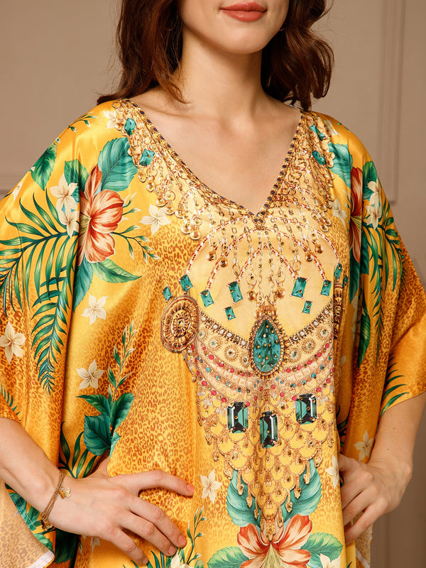 Yellow V-Neck Poly Silk Kaftan Dress