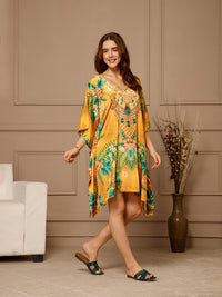 Yellow V-Neck Poly Silk Kaftan Dress