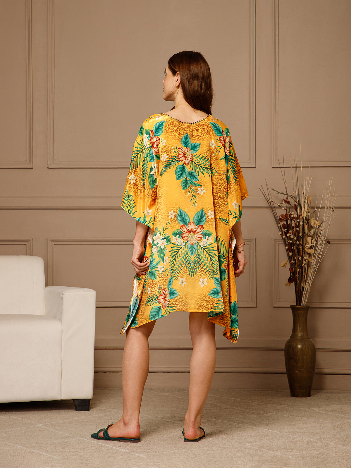 Yellow V-Neck Poly Silk Kaftan Dress