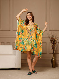 Yellow V-Neck Poly Silk Kaftan Dress