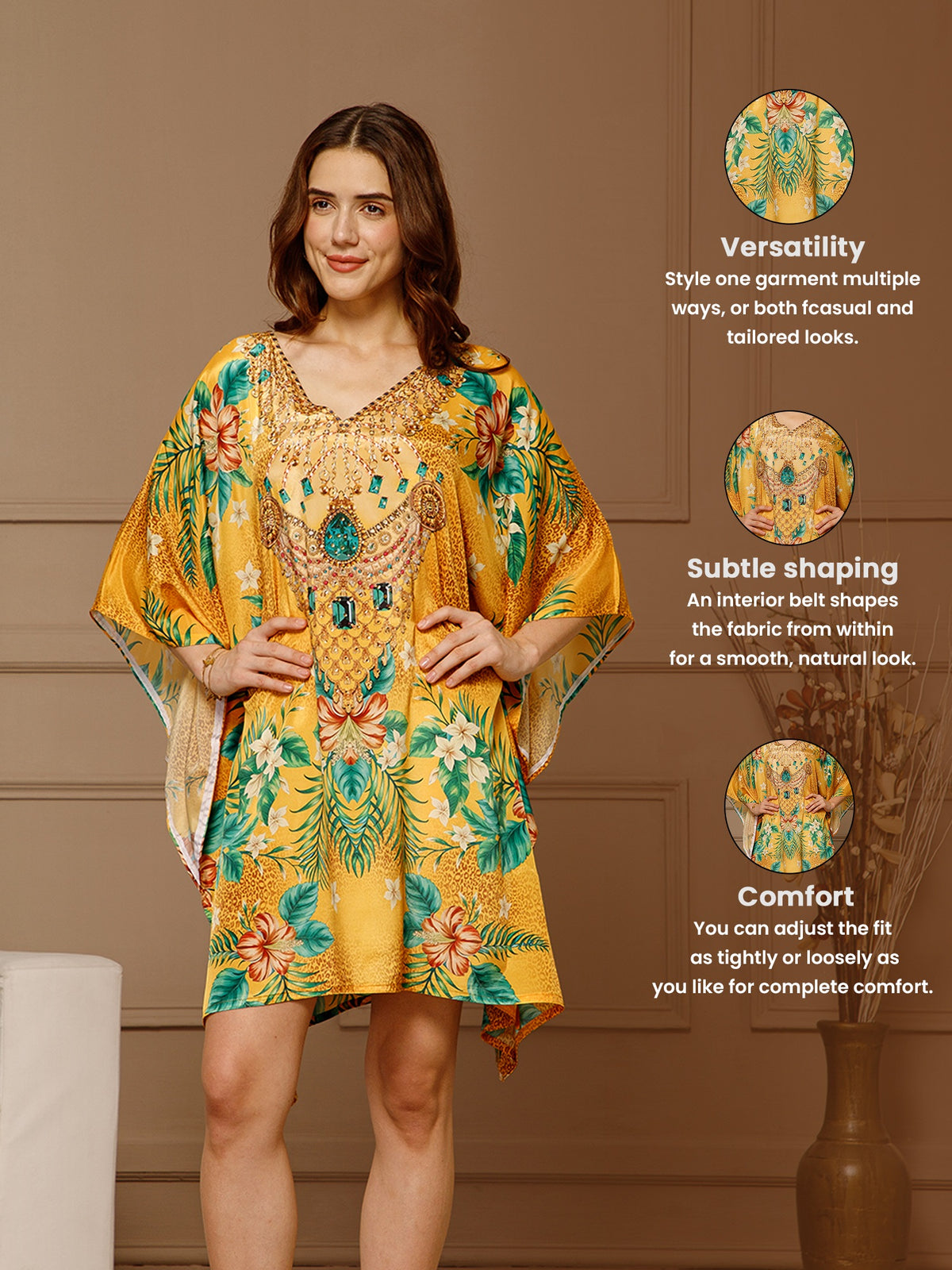 Yellow V-Neck Poly Silk Kaftan Dress