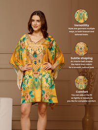 Yellow V-Neck Poly Silk Kaftan Dress