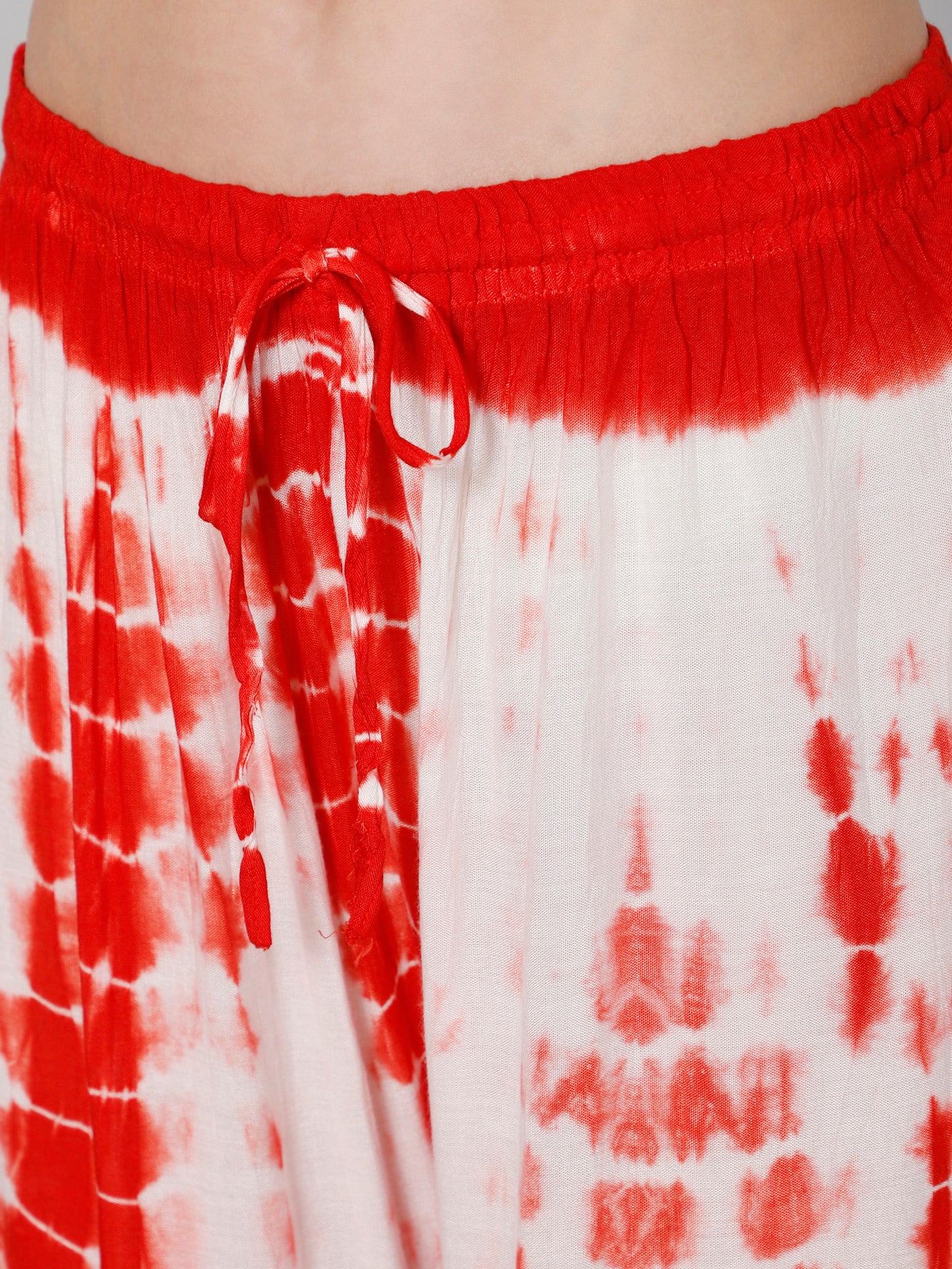White & red tie and dye print viscose free size kaftan and palazzo set