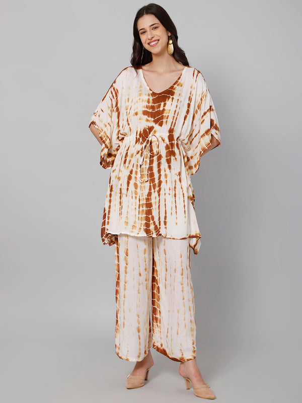 White & brown tie and dye kaftan set