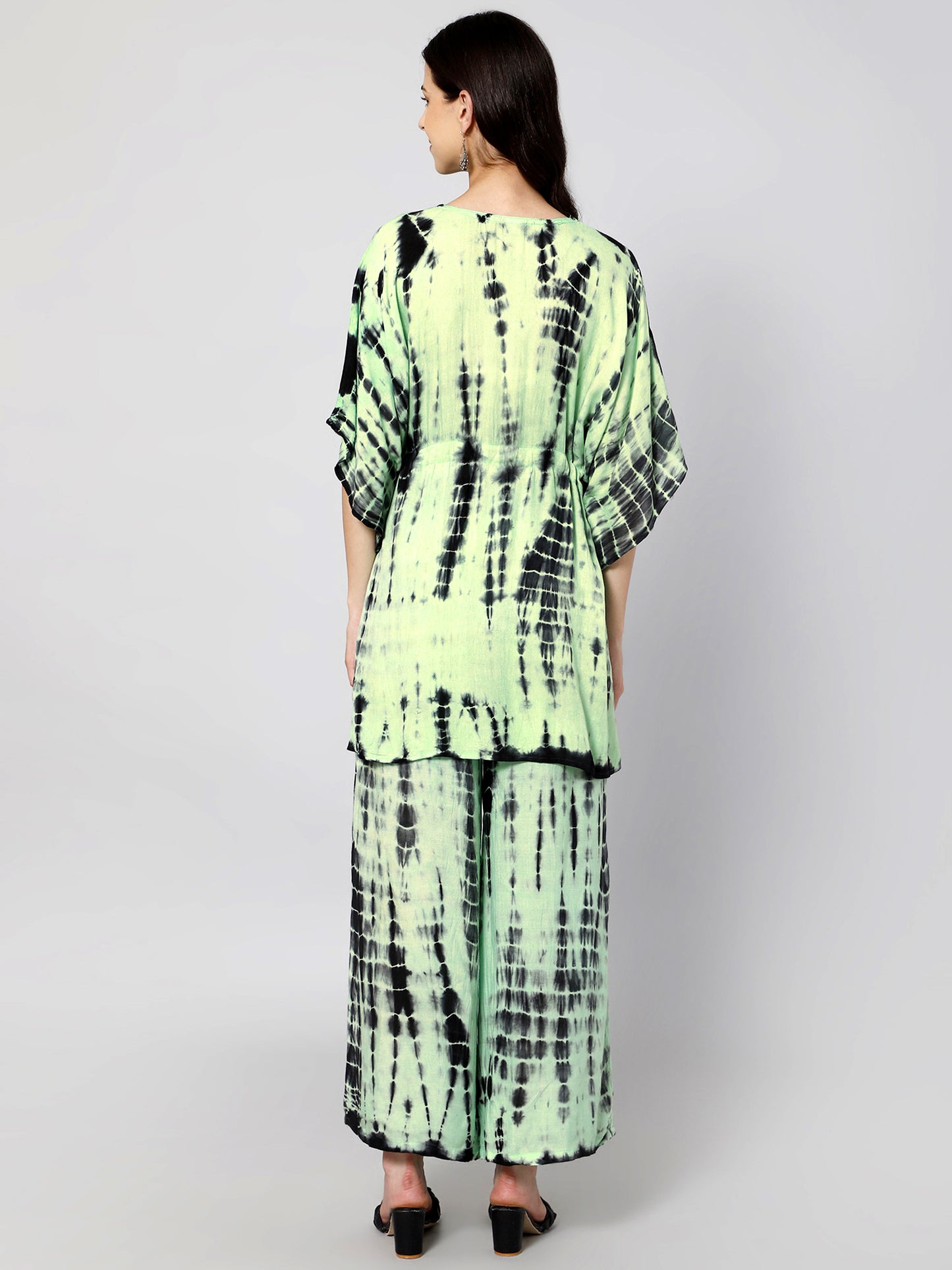 Green & black tie and dye print viscose free size kaftan and palazzo set