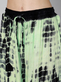 Green & black tie and dye print viscose free size kaftan and palazzo set