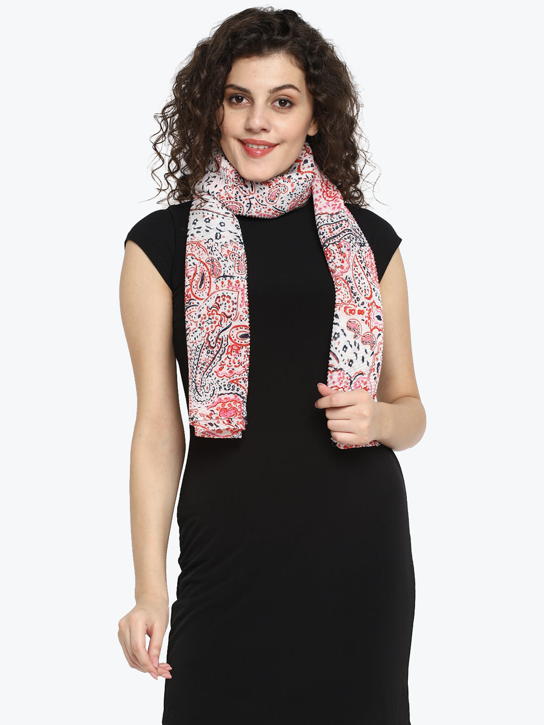 White and multi color print pleated stole