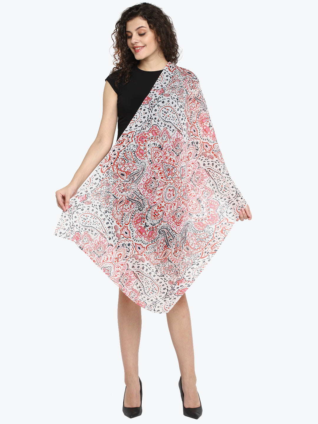 White and multi color print pleated stole