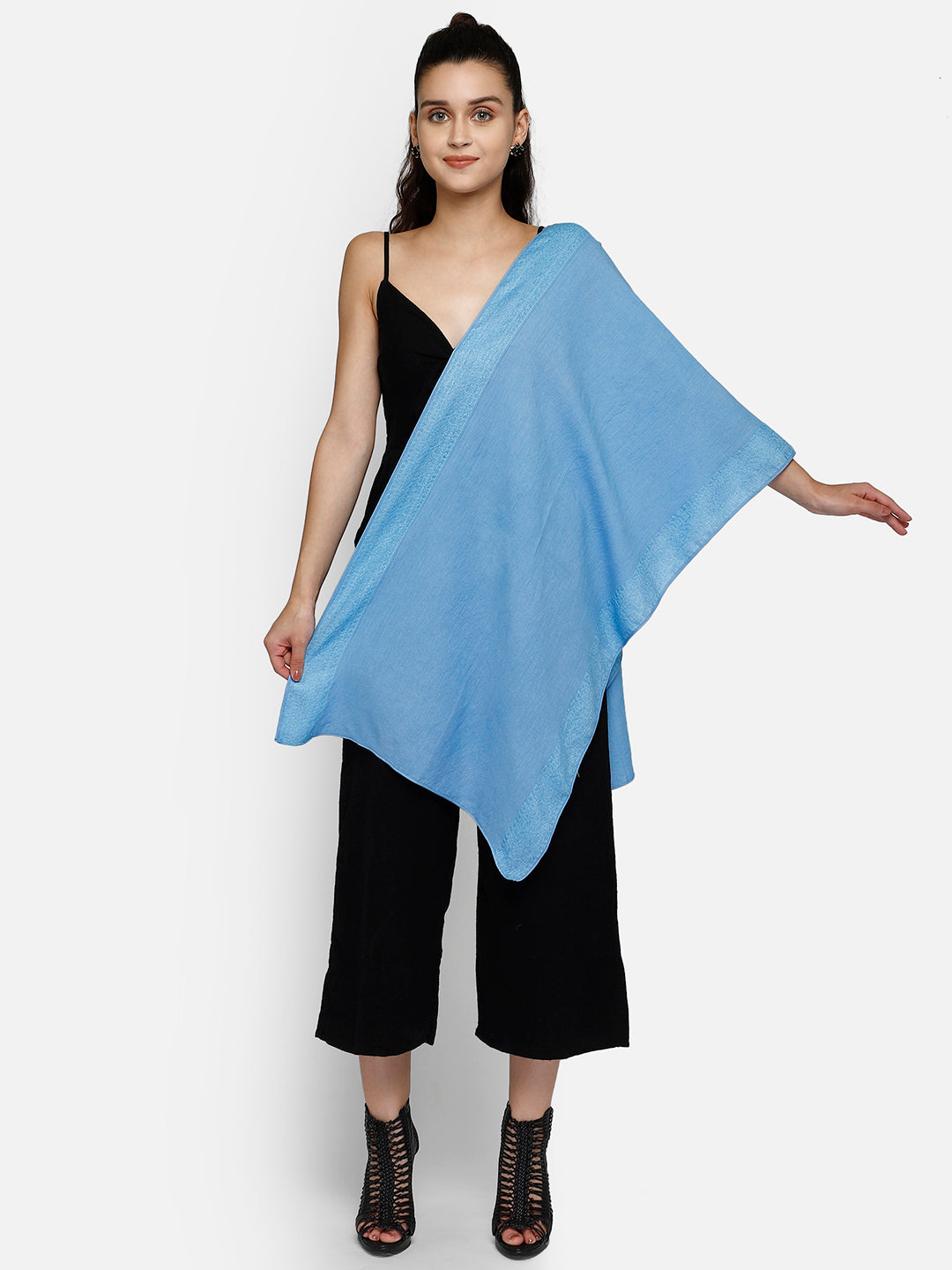Blue viscose stole with jacquard border and hem stitched with nice-soft feel and touch