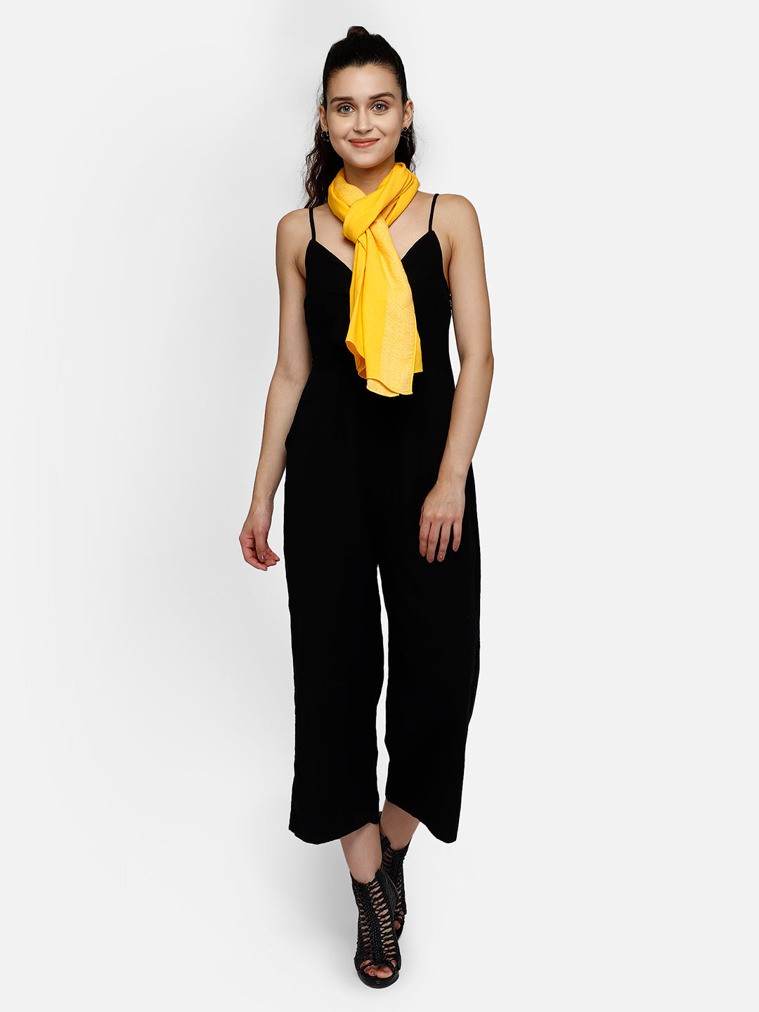 Yellow viscose stole with jacquard border and hem stitched with nice-soft feel and touch