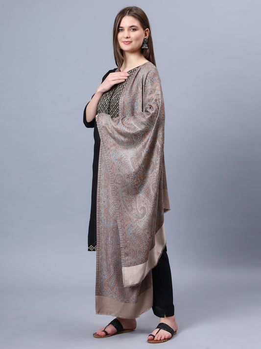 Grey viscose stole with multicolor paisley jacquard pattern stole
