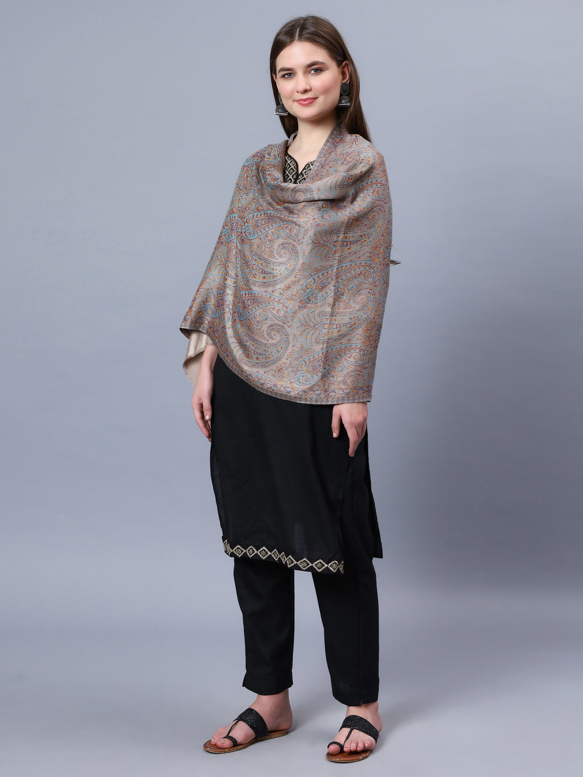 Grey viscose stole with multicolor paisley jacquard pattern stole
