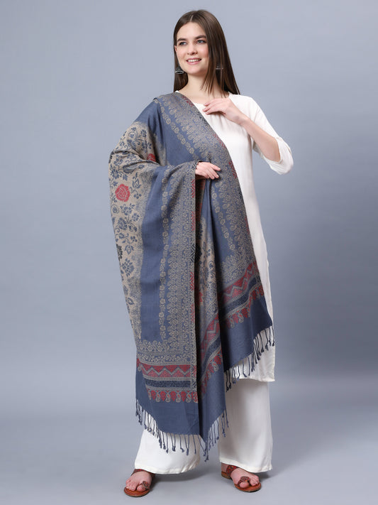 Grey viscose stole with brown and red paisely and floral jacquard pattern