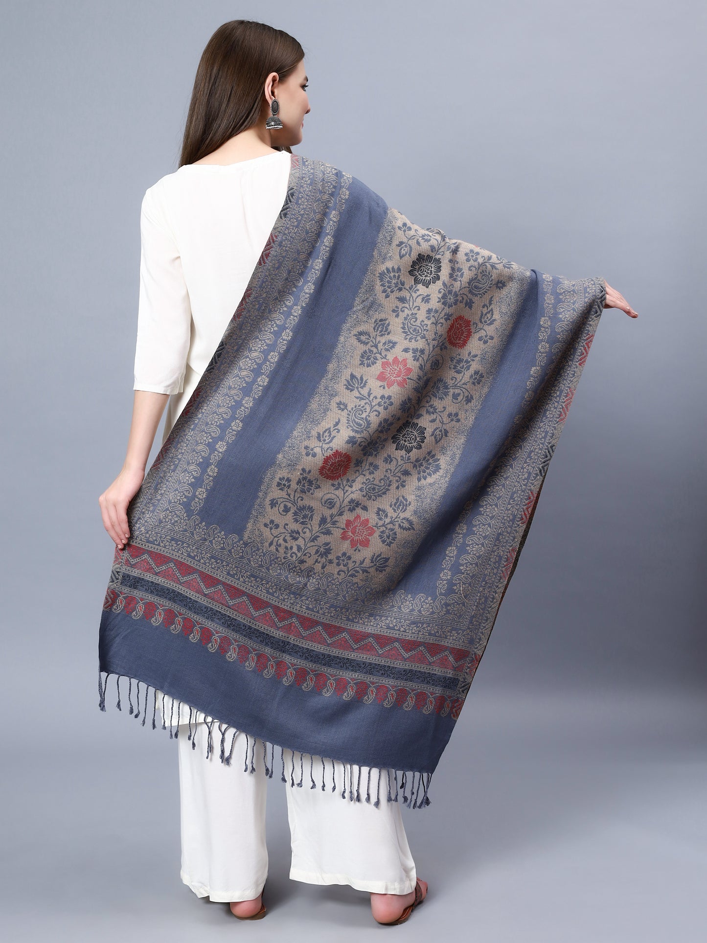 Grey viscose stole with brown and red paisely and floral jacquard pattern