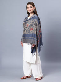 Grey viscose stole with brown and red paisely and floral jacquard pattern