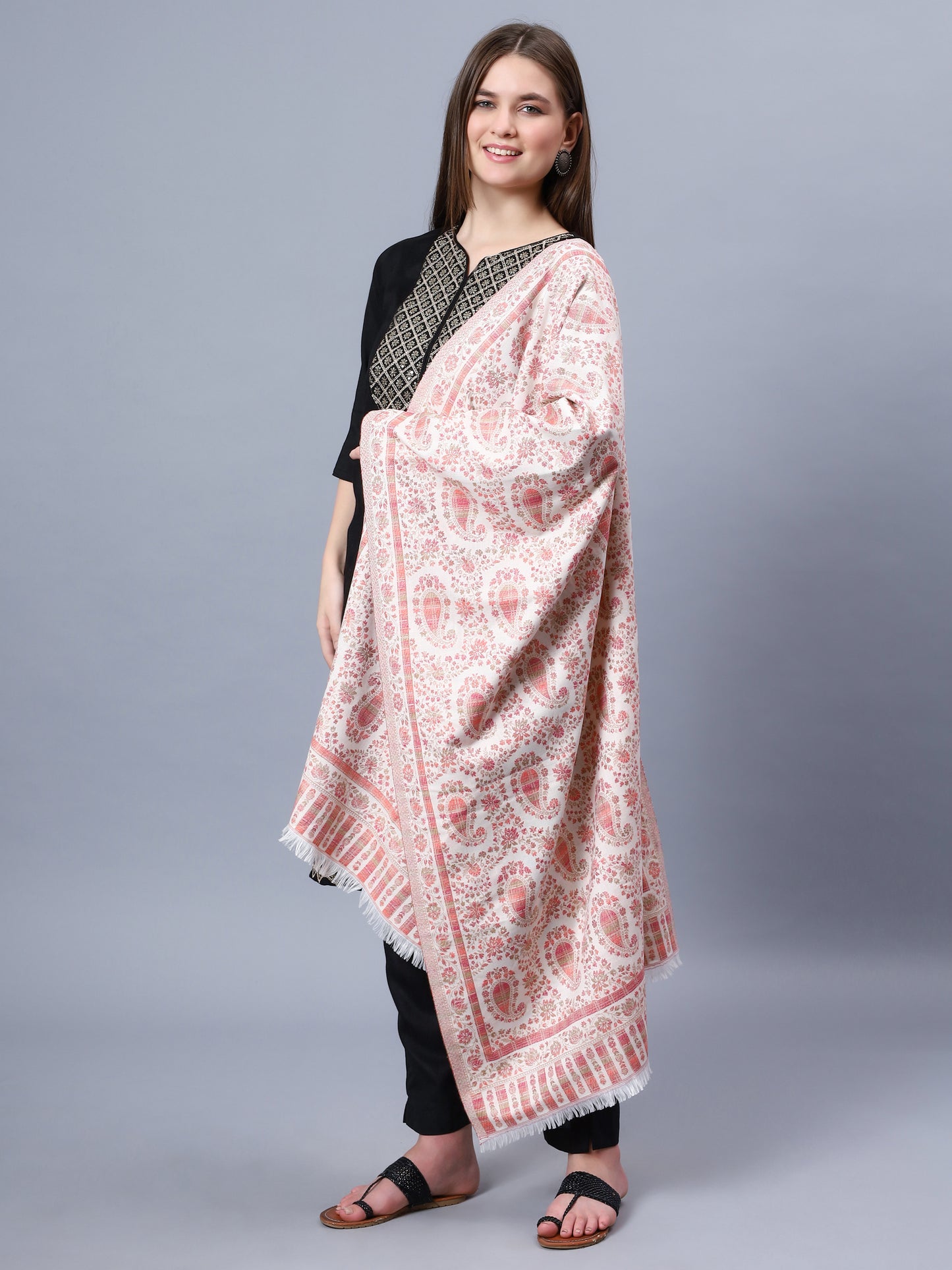 Off-white viscose stole with red paisley and floral jacquard pattern