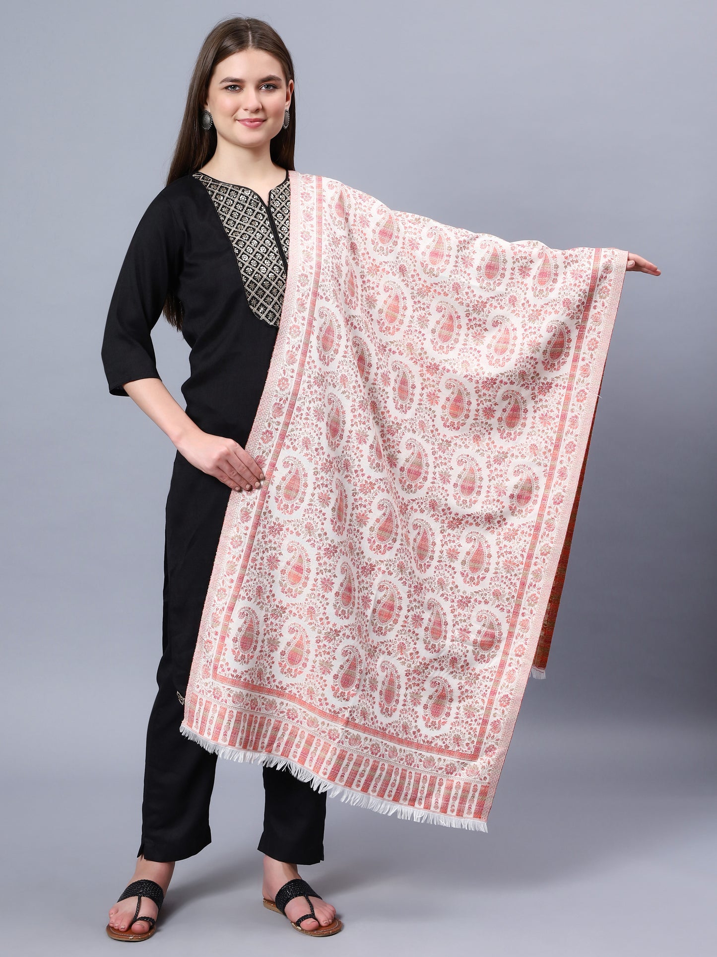 Off-white viscose stole with red paisley and floral jacquard pattern