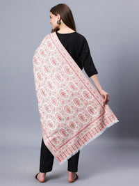 Off-white viscose stole with red paisley and floral jacquard pattern