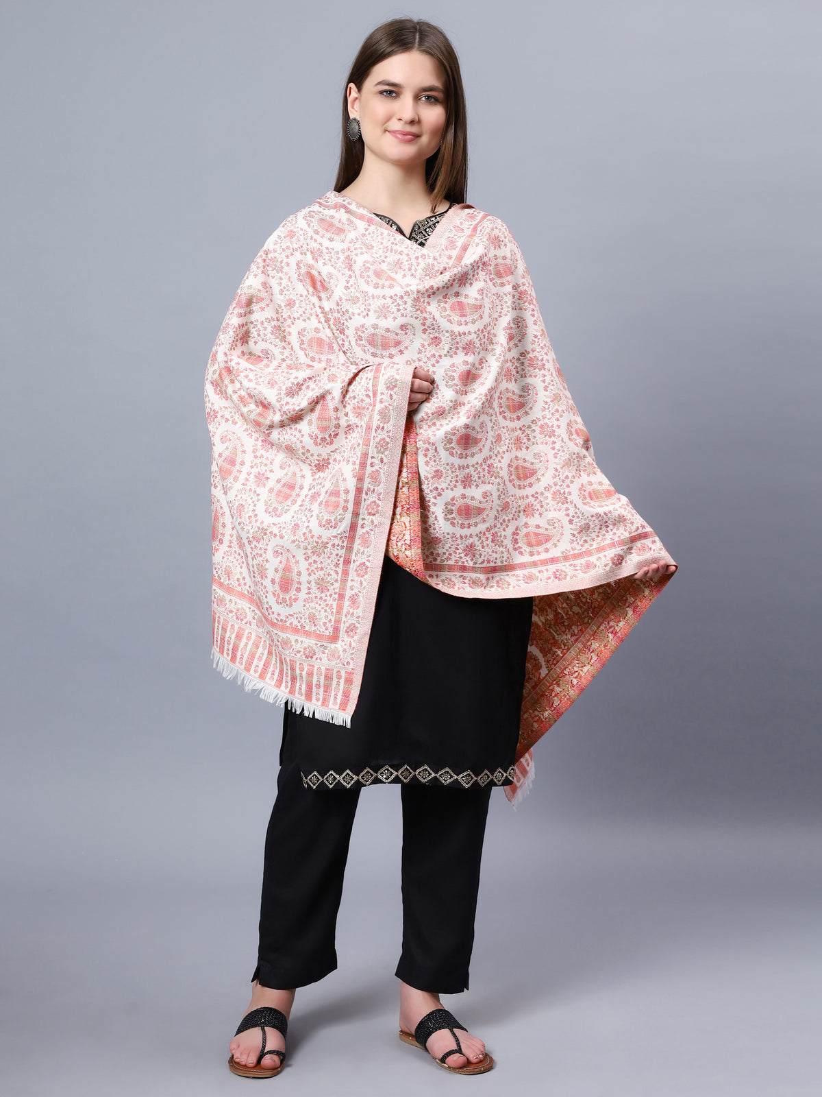 Off-white viscose stole with red paisley and floral jacquard pattern