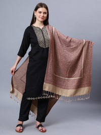 Brown viscose stole with a maroon jacquard pattern