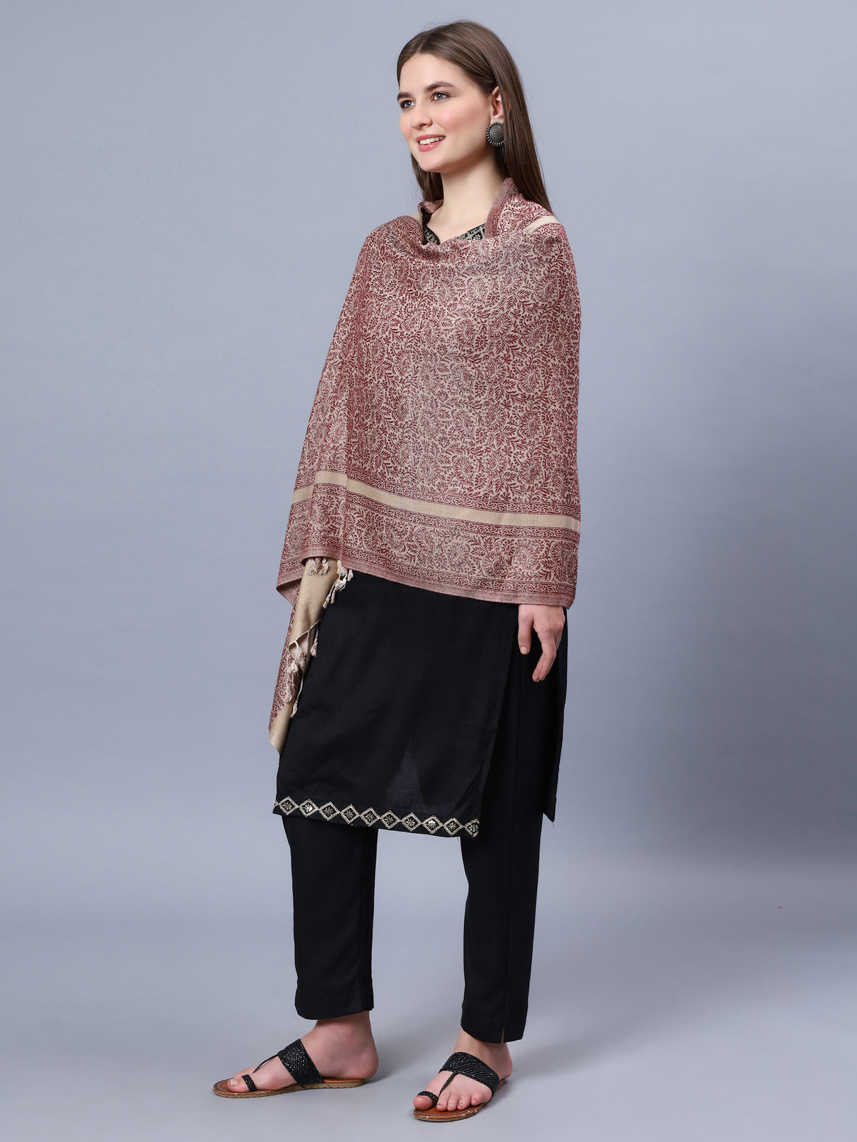 Brown viscose stole with a maroon jacquard pattern