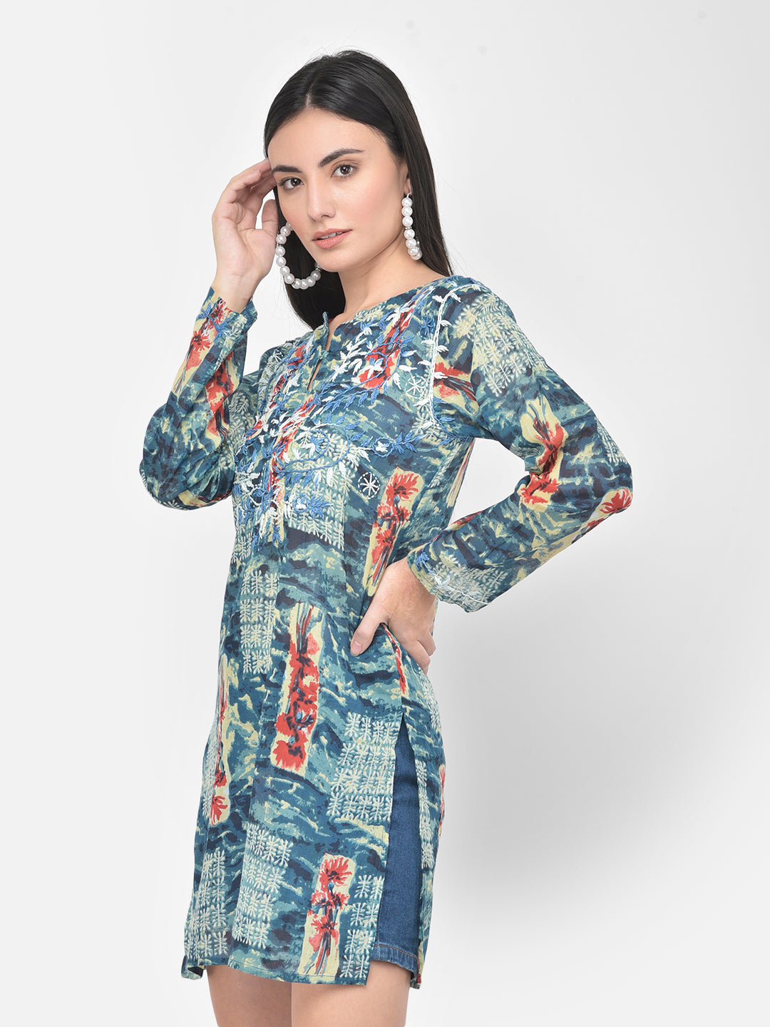 Blue printed and hand embroidered cotton tunic