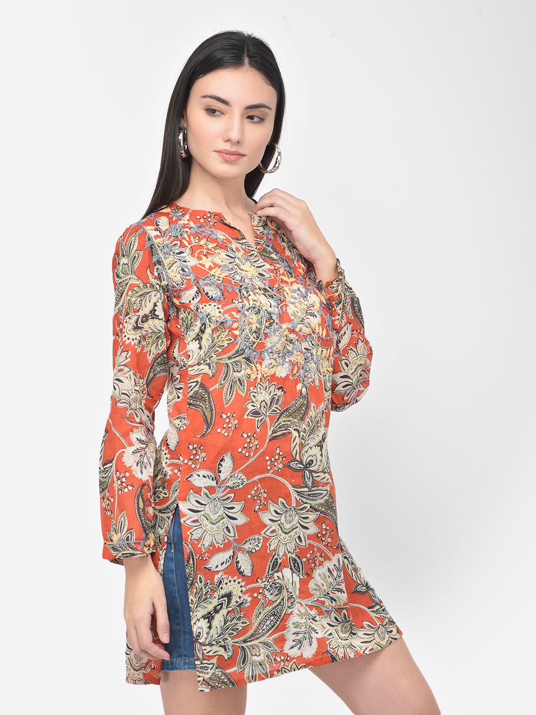 Red hand embroidered cotton tunic