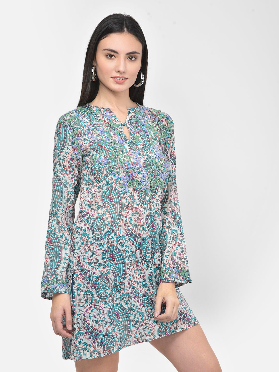 Printed and hand embroidered cotton tunic