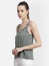 Green Embroidered Neck Line Viscose Tank Top
