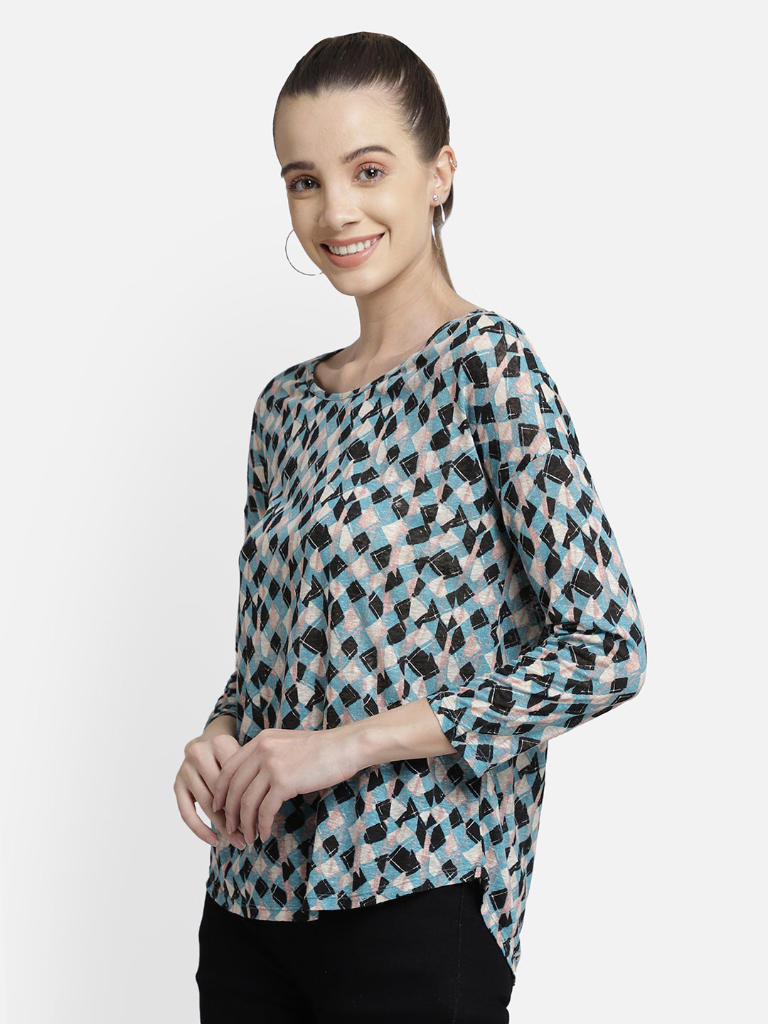 Blue Printed pleated high-low cotton knit casual top