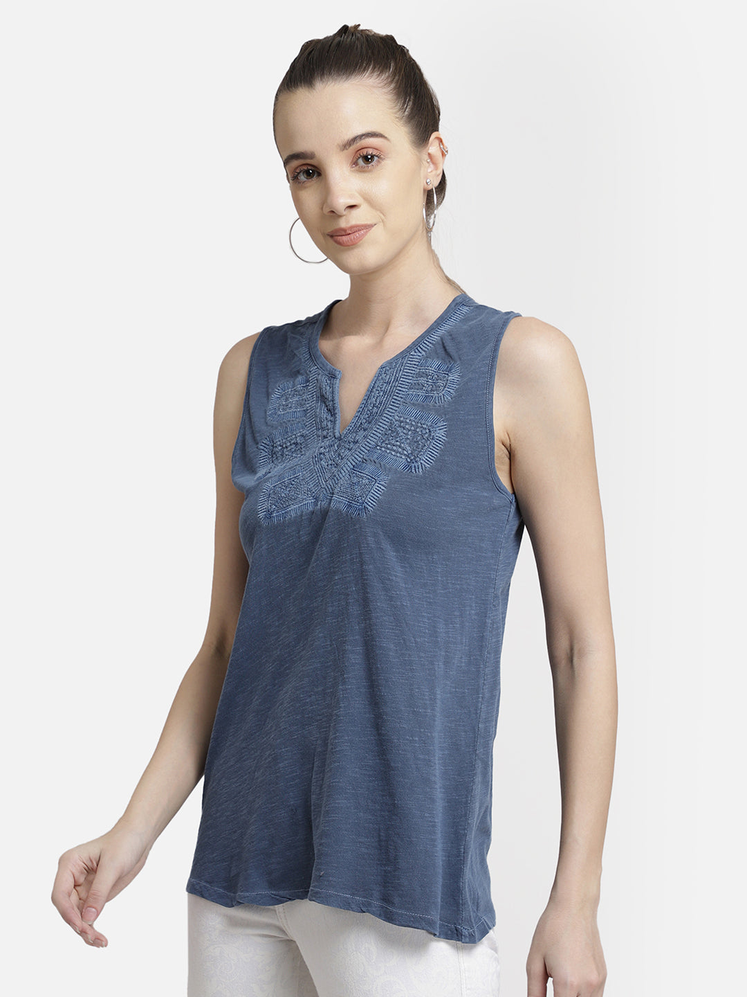 Blue Embroidered viscose knit casual top