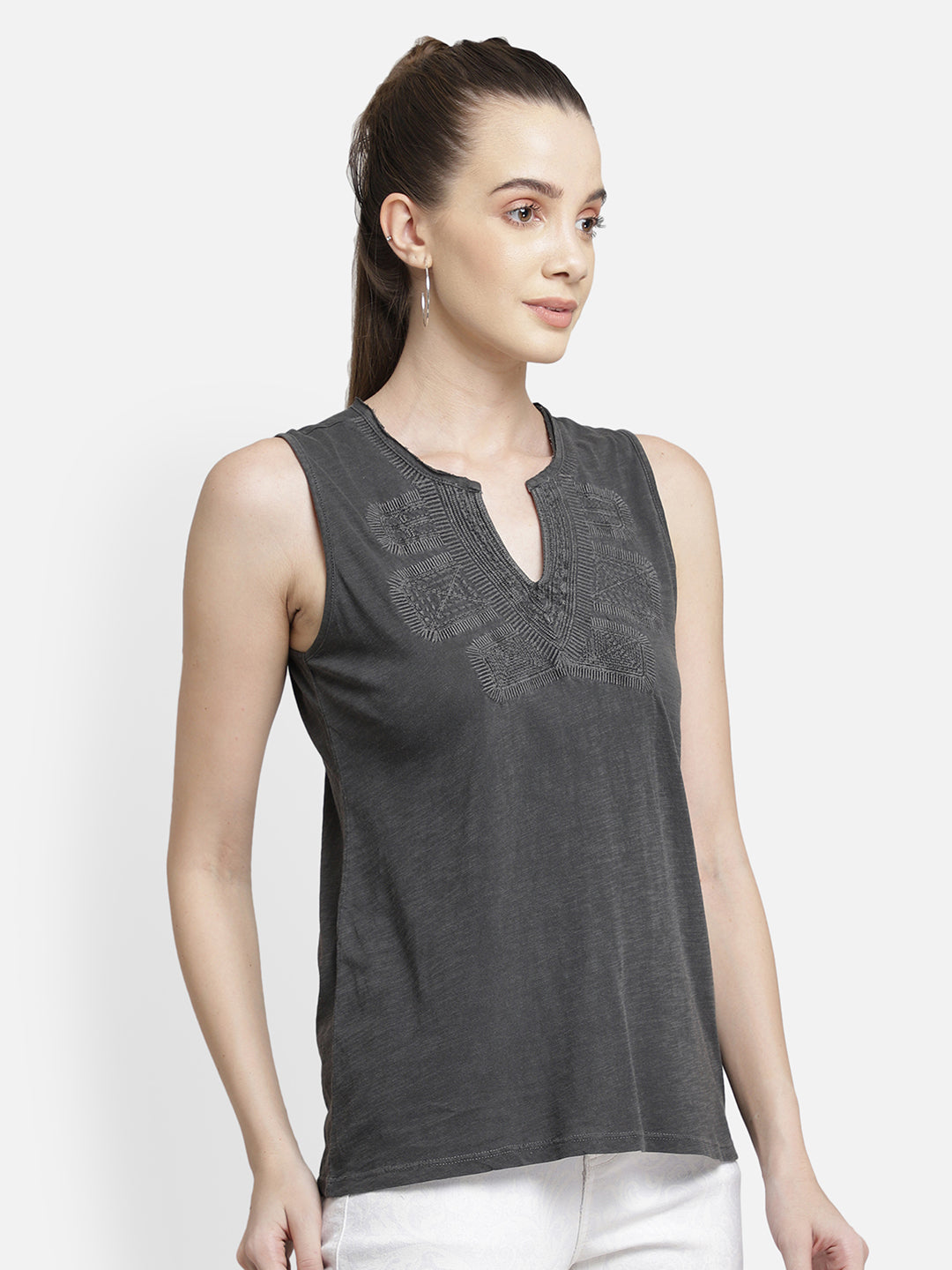 Grey Embroidered viscose knit casual top
