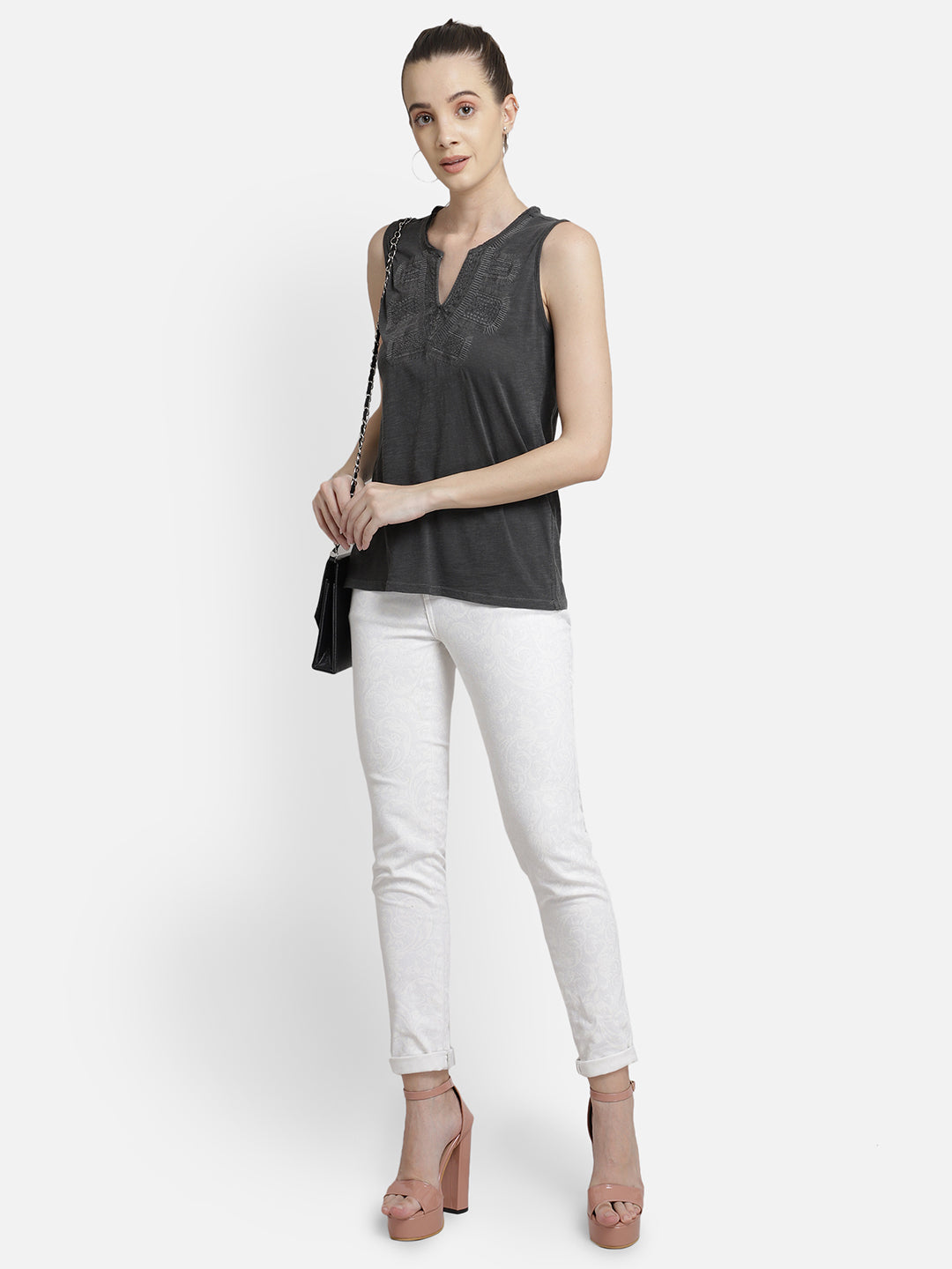 Grey Embroidered viscose knit casual top