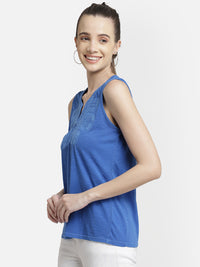 Blue Embroidered viscose knit casual casual top