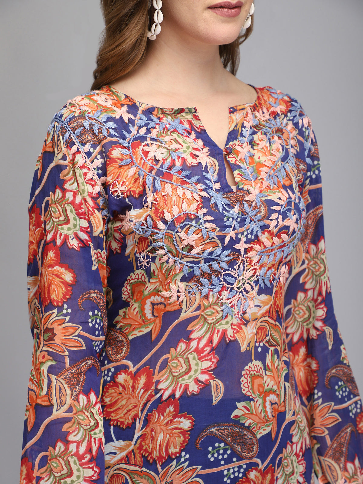 Blue hand embroidered cotton tunic