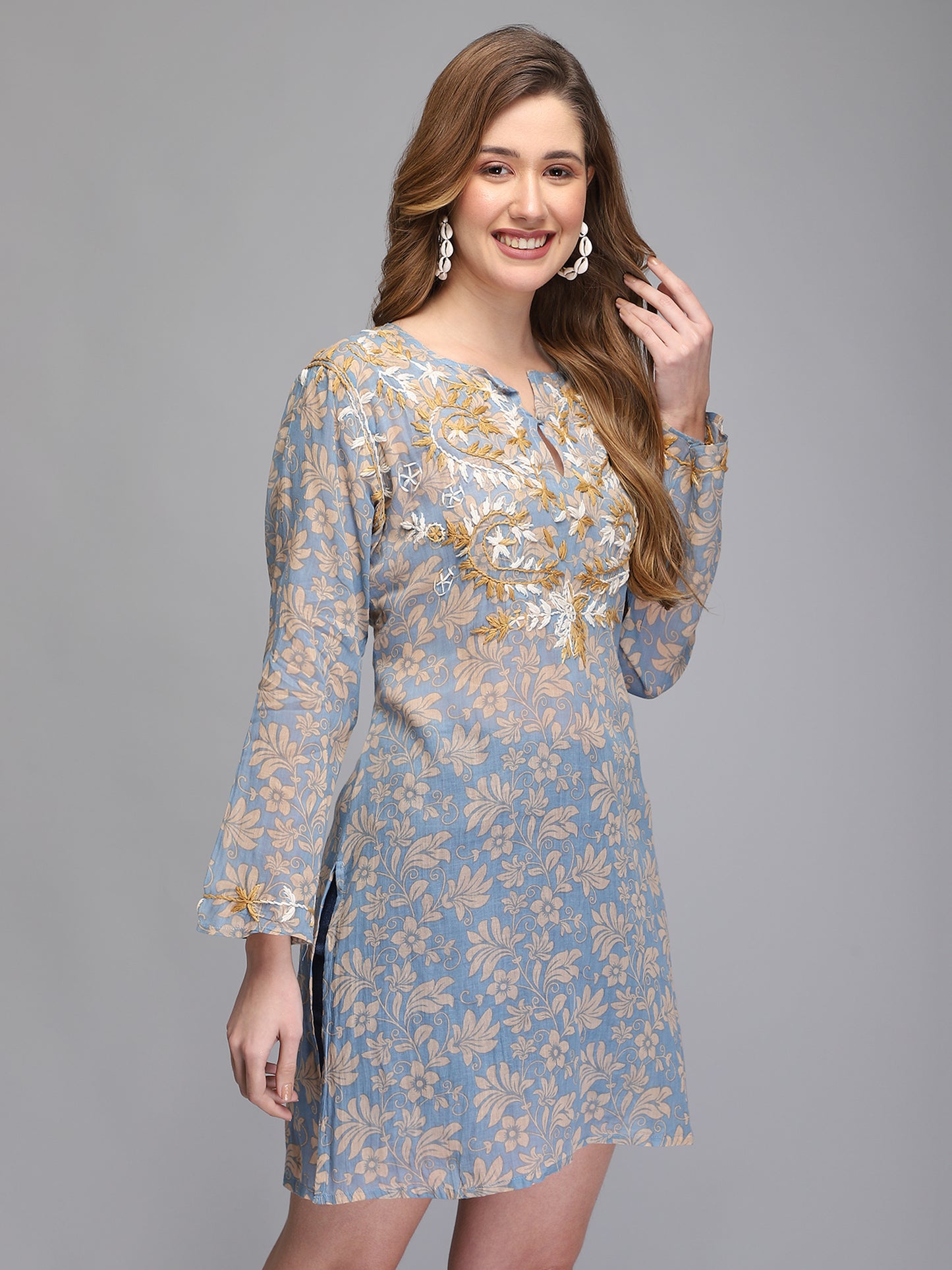 Light blue hand embroidered cotton tunic