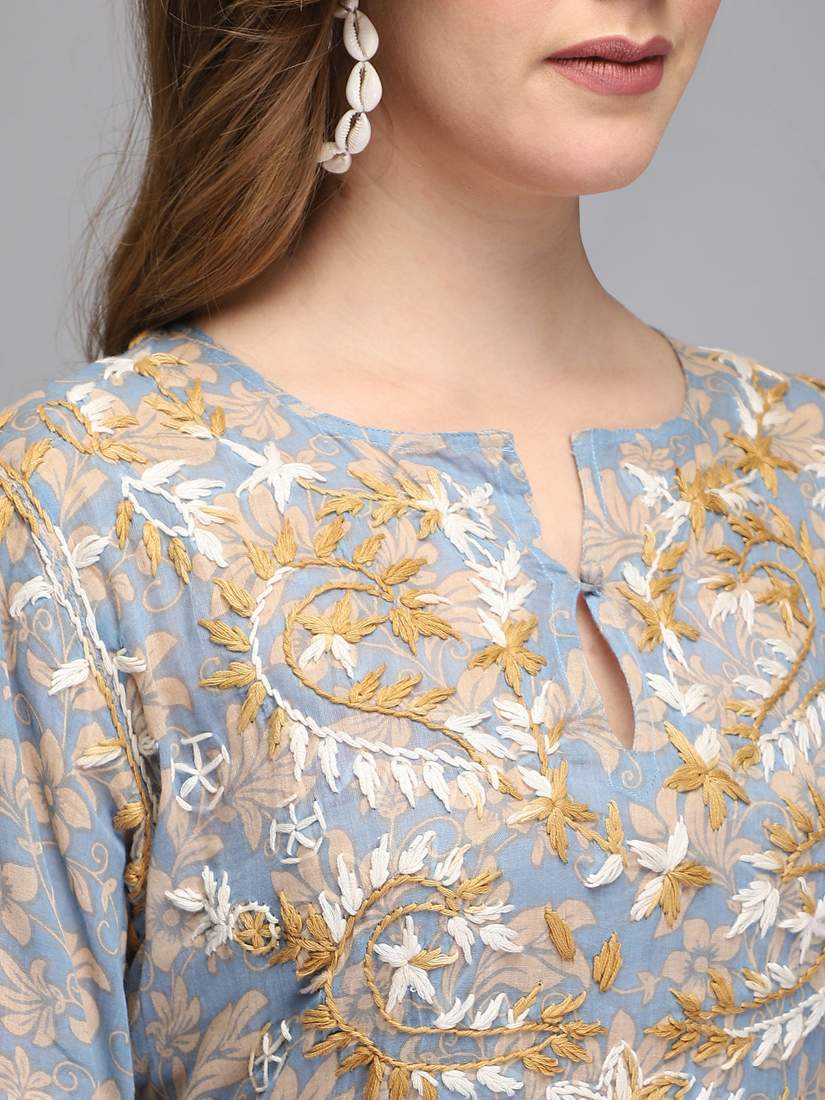 Light blue hand embroidered cotton tunic