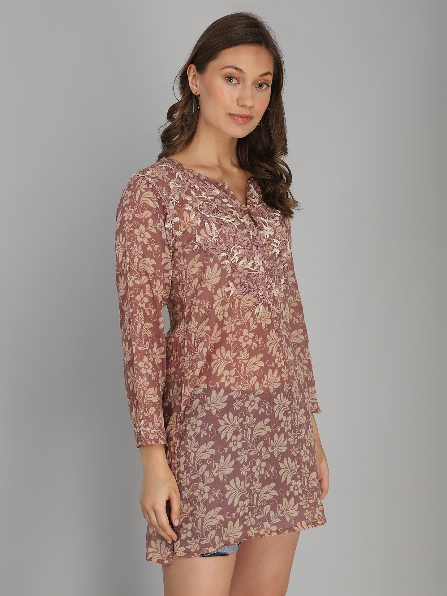 Taupe hand embroidered cotton tunic