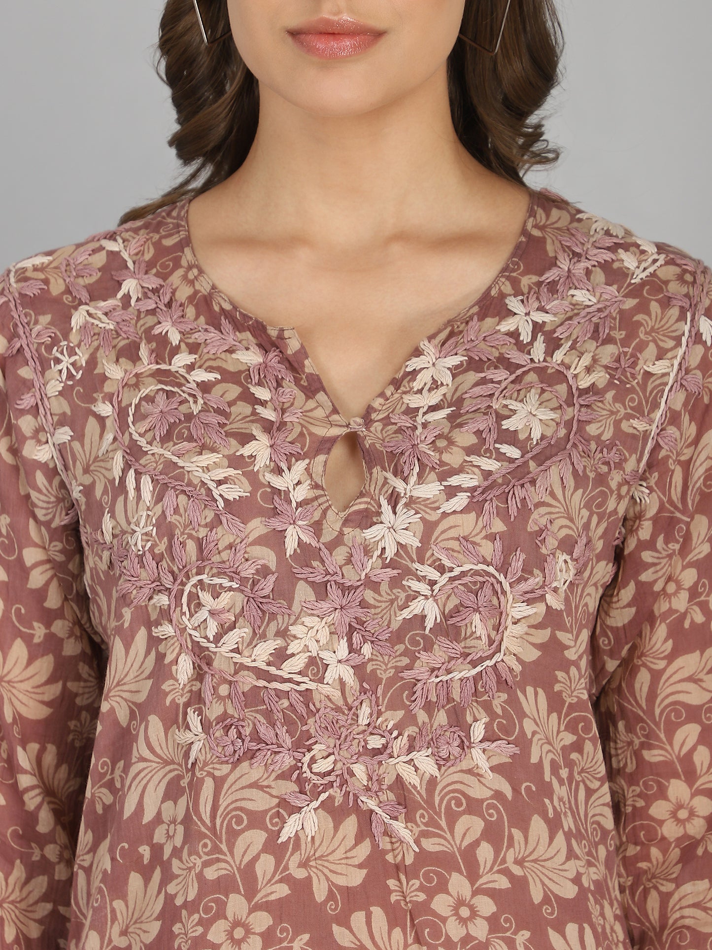 Taupe hand embroidered cotton tunic