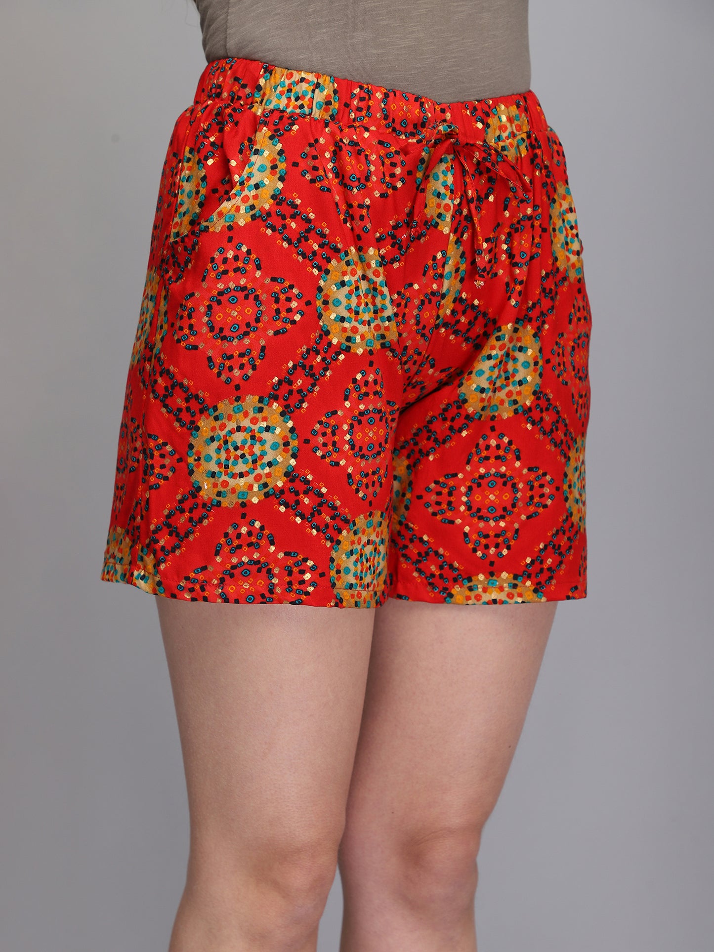 Red printed rayon women shorts