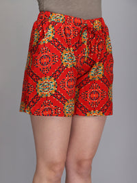 Red printed rayon women shorts