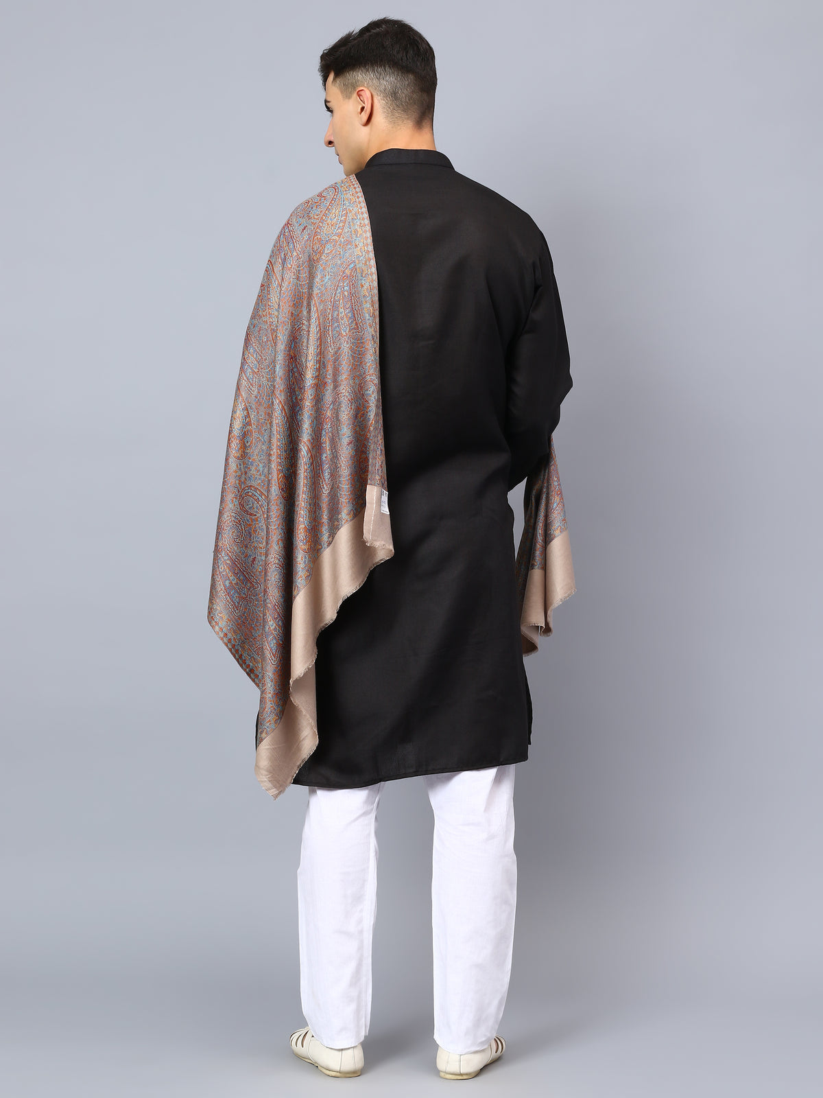 Grey viscose stole with a multicolor jacquard pattern