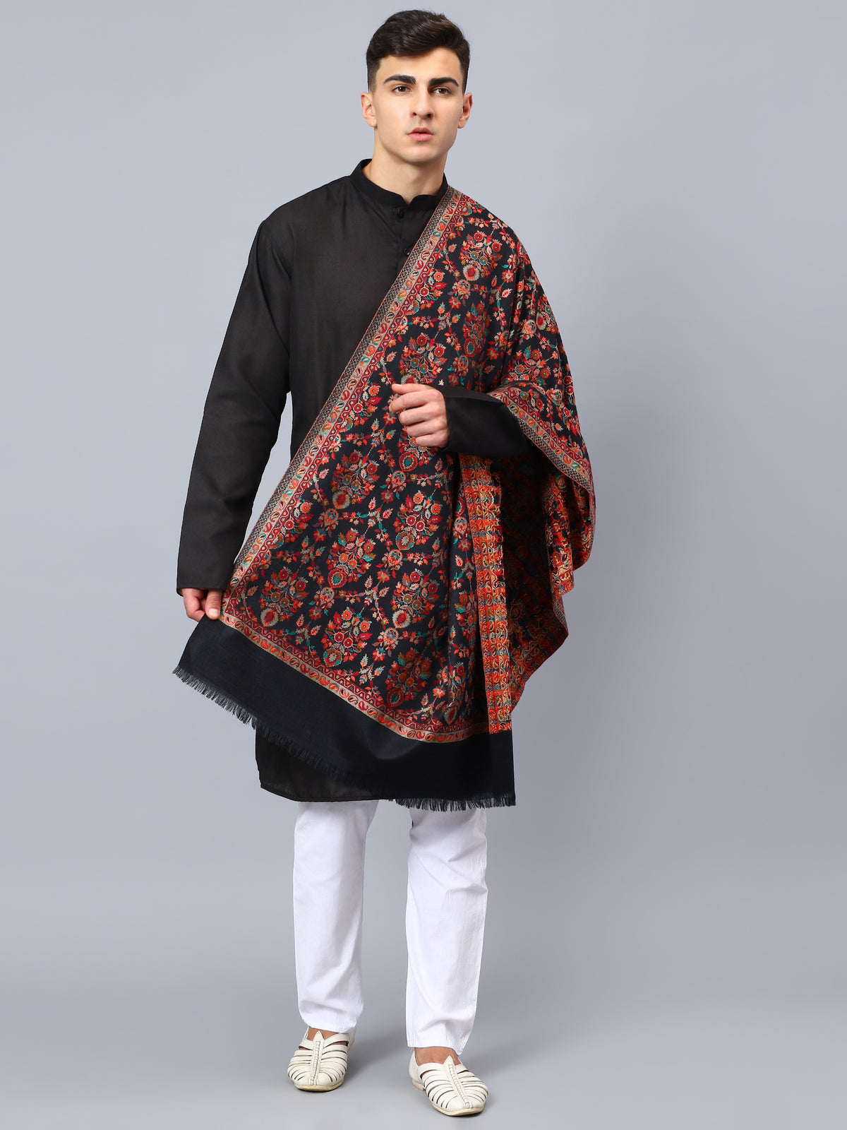 Mens Black viscose stole with a floral jacquard pattern
