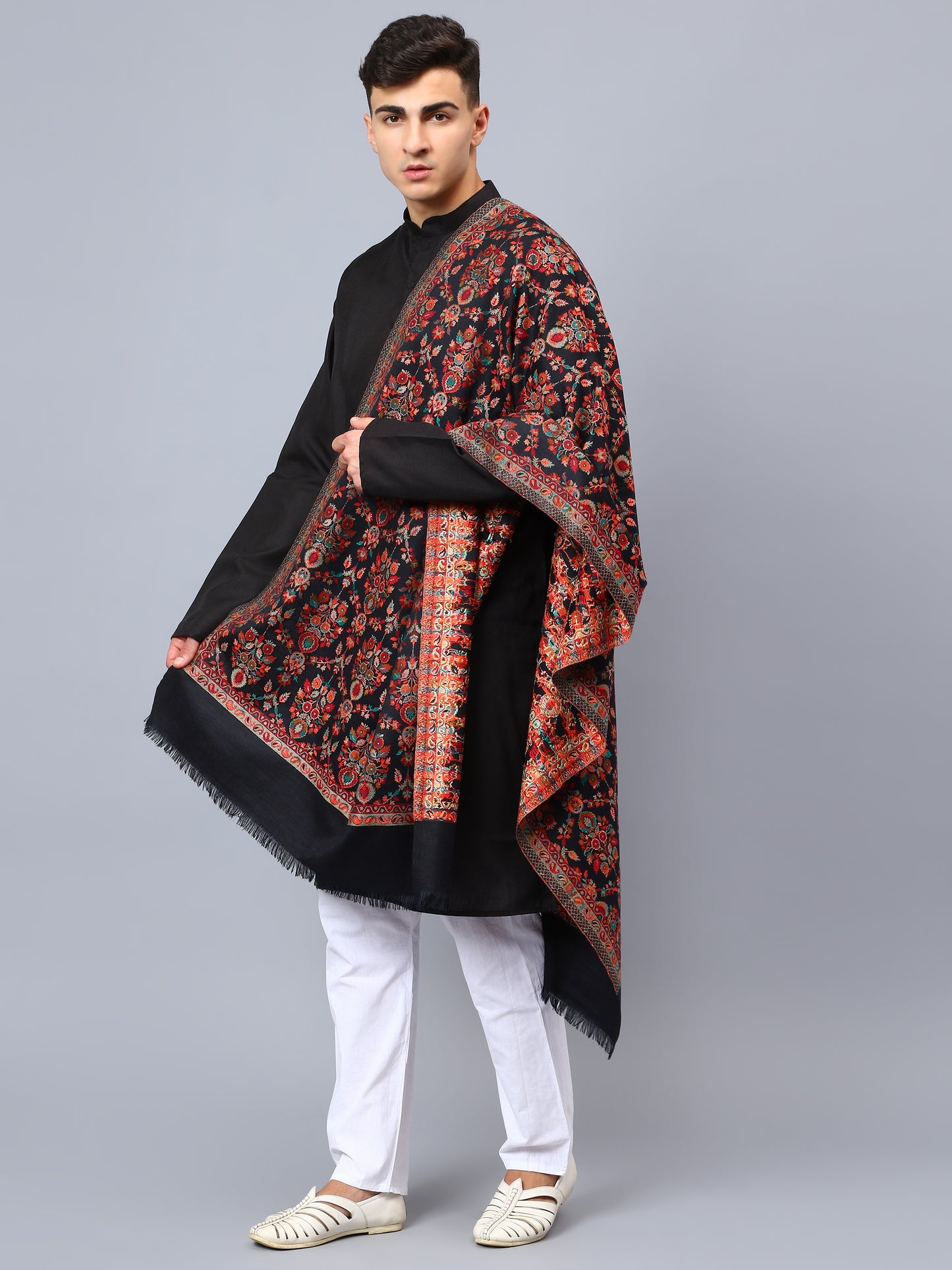 Mens Black viscose stole with a floral jacquard pattern