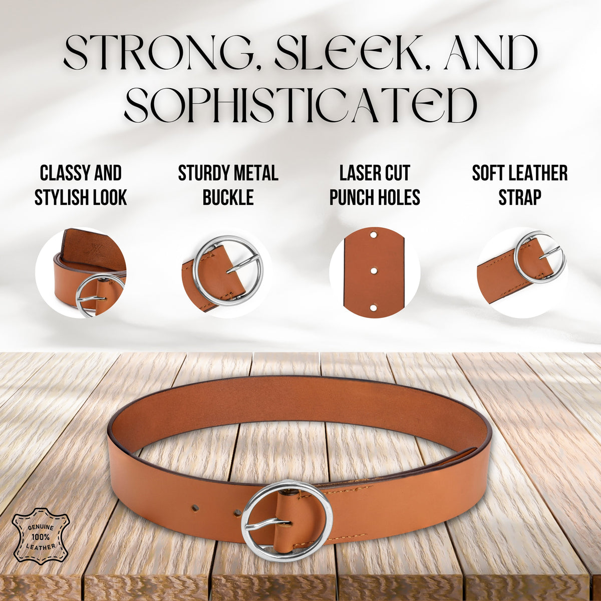 Aditi Wasan Women's Tan Genuine Leather Belt with Silver O-Ring Buckle