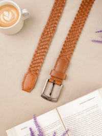 Women's Genuine Leather Tan Braided Belt