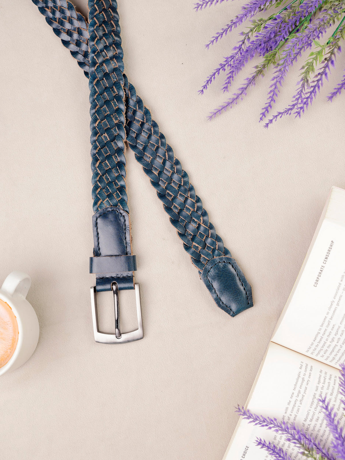 Women's Genuine Leather Blue Braided Belt