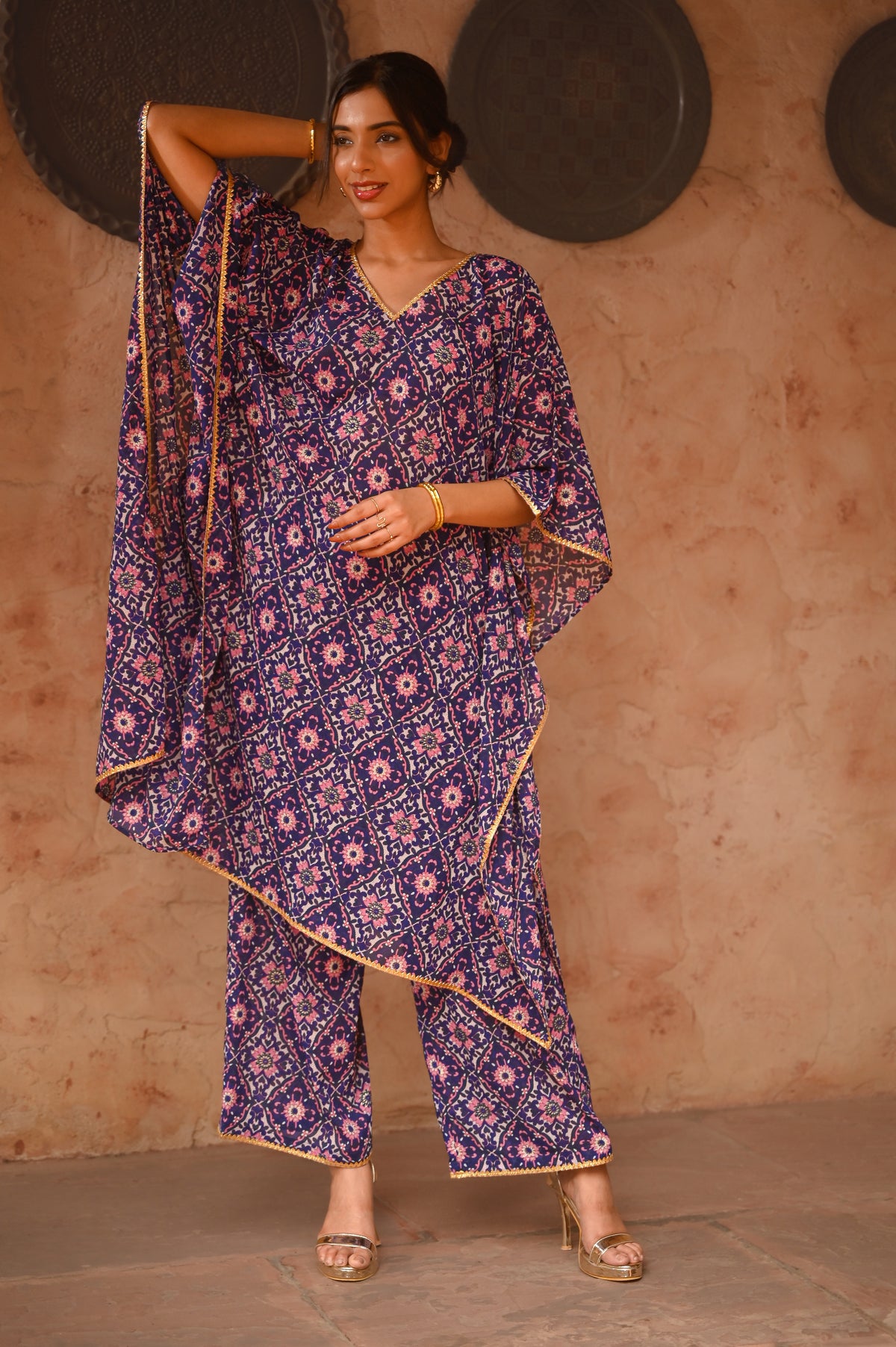 Aditi Wasan Blue Floral Printed Kaftan Kurta With Pant