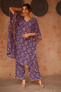 Aditi Wasan Blue Floral Printed Kaftan Kurta With Pant